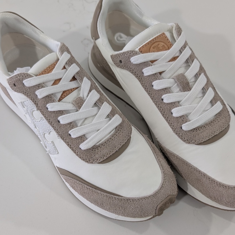 Tory Burch Destiny Trainer Sneaker White Tan Nylon Suede Size 8 Women's 164281